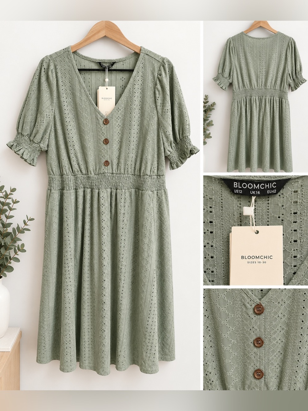 BloomChic Sage Green Eyelet Button-Front Midi Dress